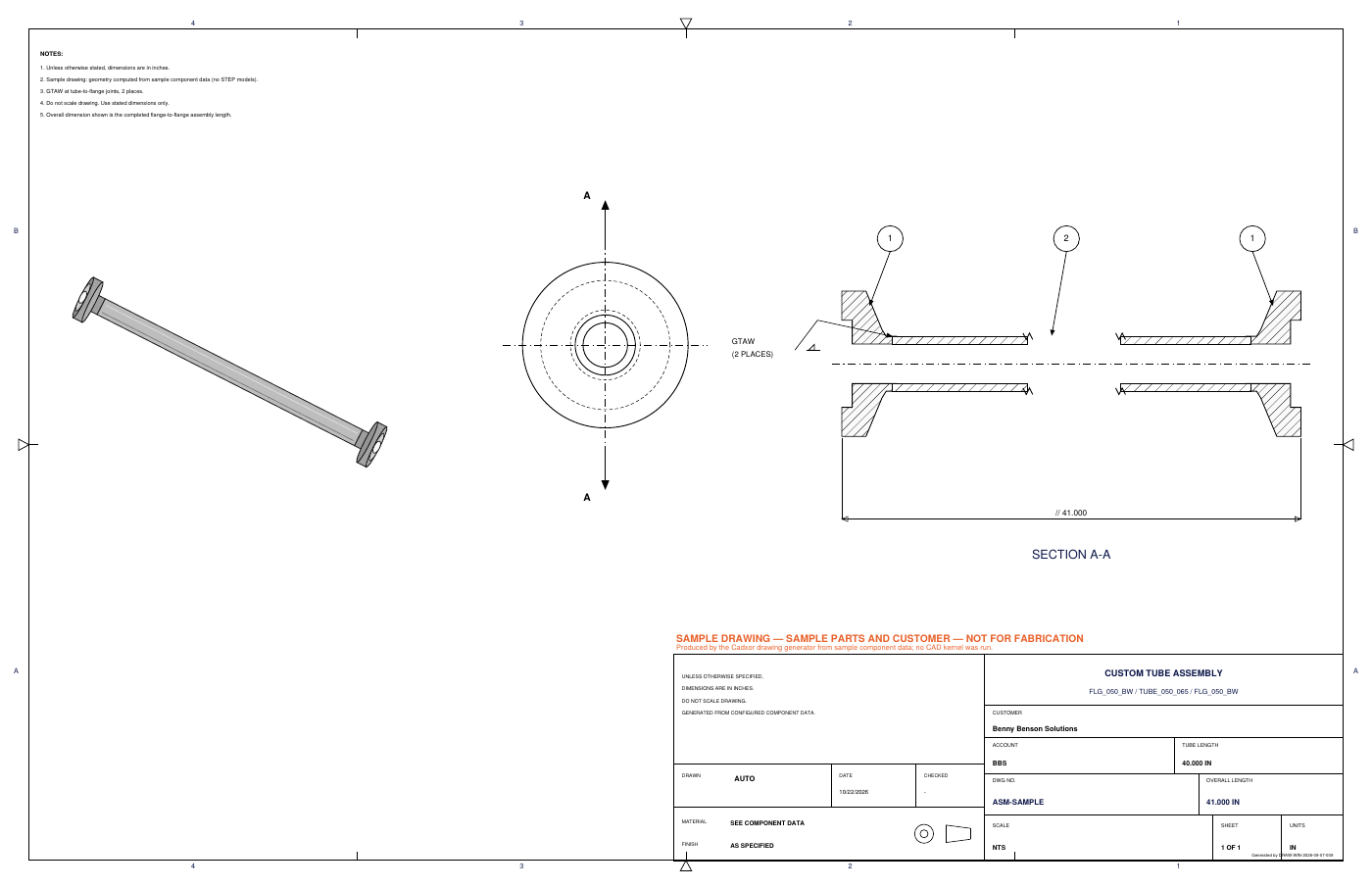 Generated ANSI B fabrication drawing of a flange–tube–flange assembly with isometric view, end view, Section A-A and title block